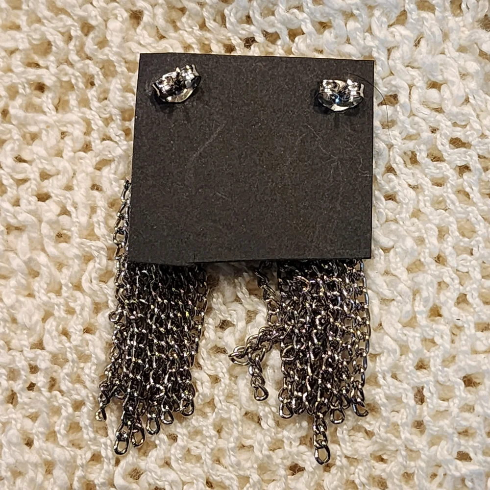 Vintage Silver Tone Dangle Drop Chain Pierced Earrings